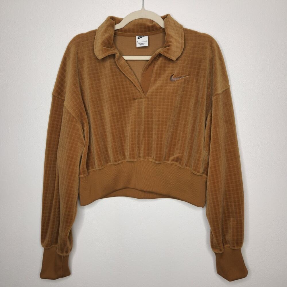 Nike Swoosh Check Sweatshirt Pullover Shirt Medium Velvet Velour Brown Top